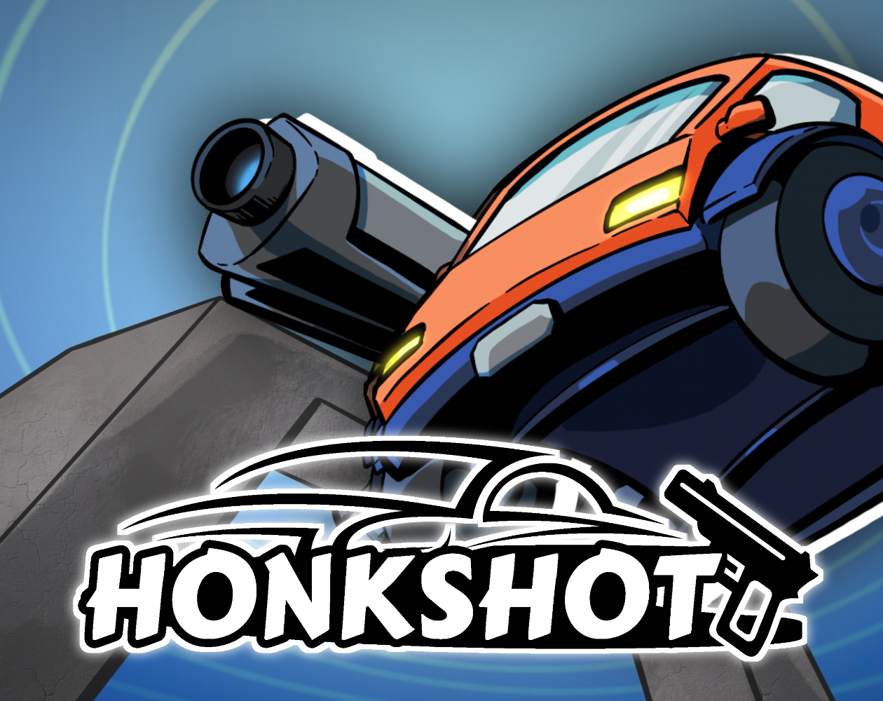 Honkshot key art featuring an armed orange sports car launching over a ramp